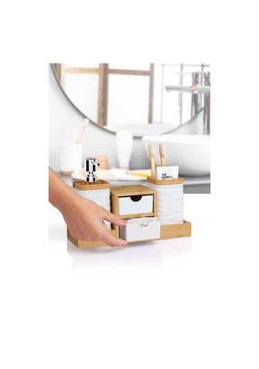 Okyanus Home Beyaz Bambu Çekmeceli Sıvı Sabunluk Ve Diş Fırçalıklı Banyo Organizeri Beyaz Ahşap
