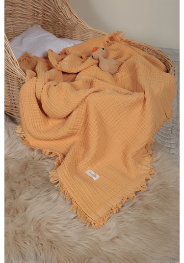 Müslin Püsküllü 4 Katlı Müslin Battaniye 90x120 Cm - Ze4katlı Turuncu