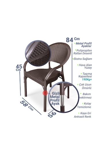 Bahex Bambu 4lü Set Rattan Kollu Bahçe Sandalye Koltuk 4ad Kahve Kahverengi