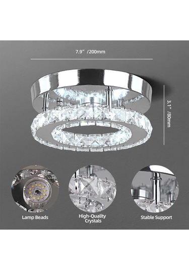 Symbee Led Kristal Tavan Lambası, Yuvarlak Koridor/enfilod/ Balkon Işığı, Modern Minimalist, 20x20cm 15w, 3 Renkli 3000-6500k Değişim Işık Kaynağı Sarı