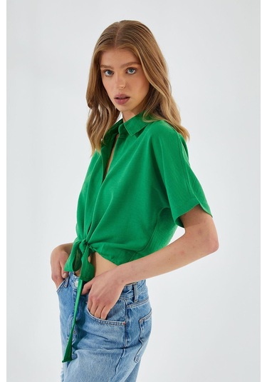 4230 Kadın Bağlamalı Yazlık Keten Gömlek Yeşil Yeşil