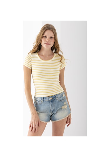 Giysa Kadın Bisiklet Yaka Çizgili Basic Body Sarı - 25509 Sarı