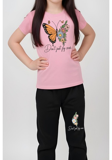 Baskılı Kız Çocuk Tişört Ve Eşofman Alt-üst Takım Açık Pembe