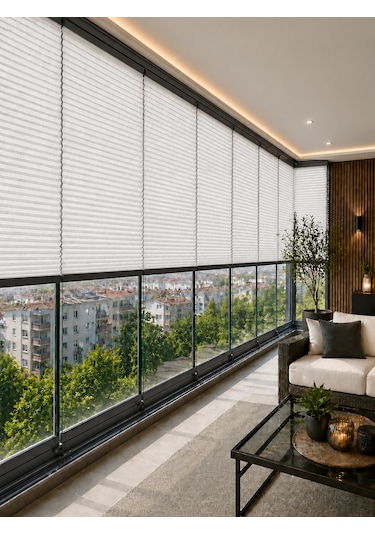 Plise Perde Açık Gri Kumaş + Antrasit Profil Kasa Cam Balkon Perdesi