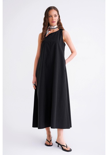 4690 Kadın Bisiklet Yaka Sıfır Kol Midi Paraşüt Elbise Siyah Siyah