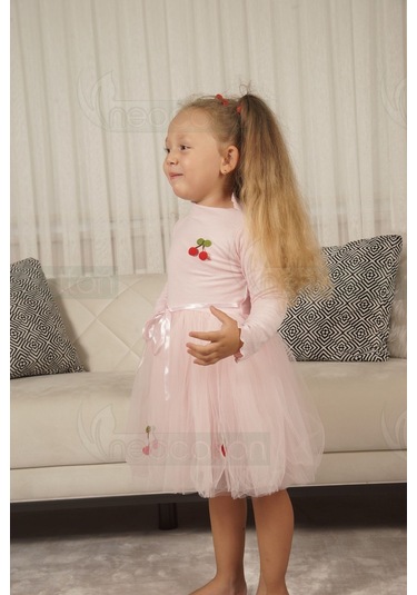 Tüllü Astarlı Esnek Kirazlı Elbise Uzun-pembe Pembe