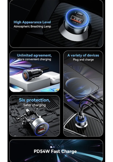 Essager 54w Hızlı Pd Araç Şarjı Type-c Ve Usb Çift Girişli Hızlı