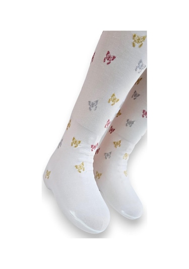 Kelebekli Simli Çocuk Külotlu Çorap - Dore St08584 Krem