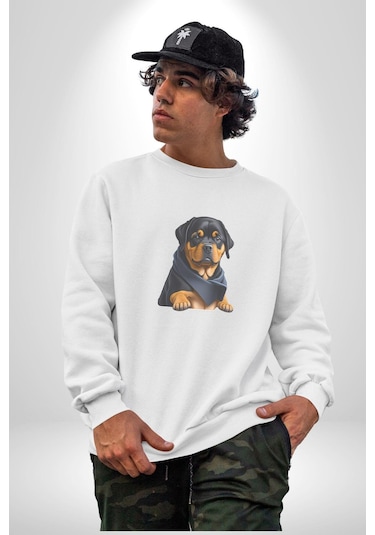 Puppy Köpek Rottweiler Unisex Beyaz Baskılı Sweatshirt Beyaz