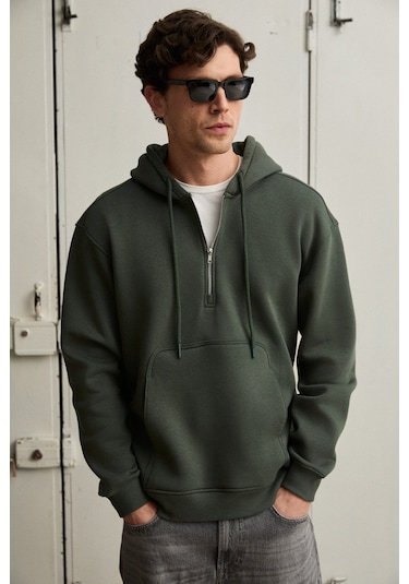 Grimelange Justus Erkek Kapüşonlu Kanguru Cepli Fermuar Yakalı Yeşil Sweatshirt Yeşil