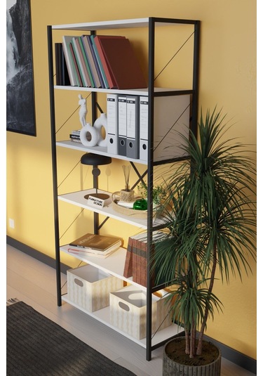 Dekoratif Metal Kitaplık 6 Raflı Kitaplık Dosya Rafı 180 Cm Beyaz