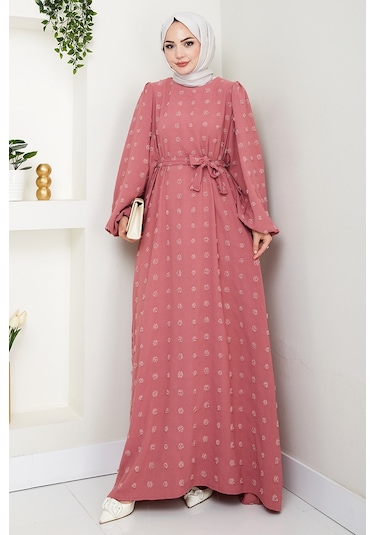Kuşaklı Ponpon Detay Ayrobin Elbise 1538 - Gül Kurusu Gül Kurusu
