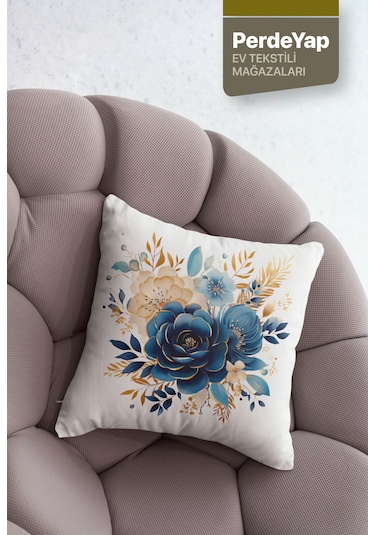 Mavi Çiçek Ve Hilal Desenli 4'lü Kırlent Kılıfı