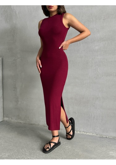 Kadın Yırtmaç Detaylı Kolsuz Soft Touch Esnek Elbise Bordo