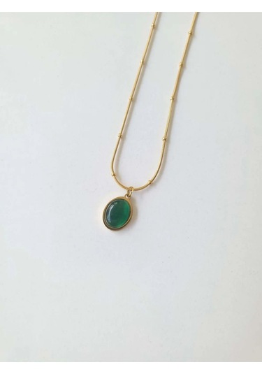 Çelik Gold Yeşil Taşlı Kadın Kolye - Emerald Sevgiliye Hediye