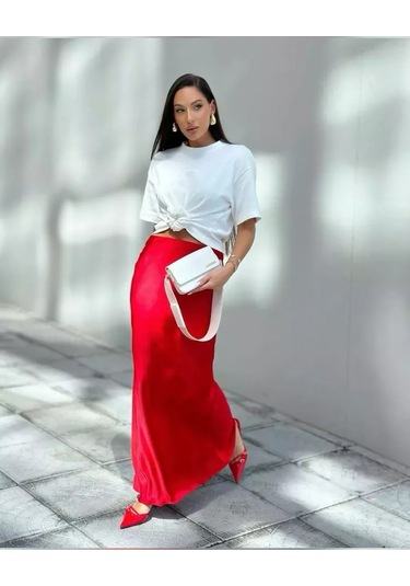 Foxı18 Satenden Maksi Etek 218458470 Kırmızı Karakade