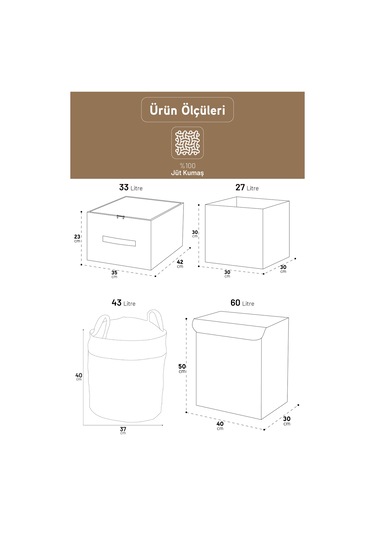 İronika Jüt Kumaş Dolap İçi Organizer Oyuncak Kutusu Eşya Çamaşır Saklama Sepeti Düzenleyici Kutu 5li Set Kahverengi
