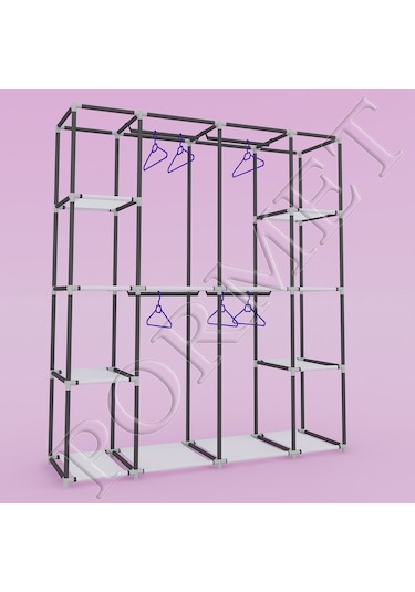 Sepet38 Teknor Metal Profil Çift Raf Çift Askılık Lüks Bez Dolap - Gri