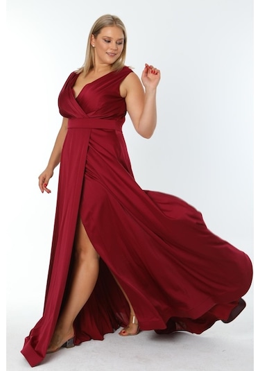 Ladies First Büyük Beden 3434 Bordo Uzun Abiye Elbise