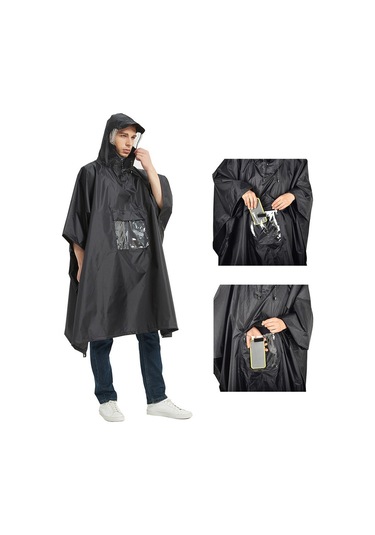 Tomshoo Çok Fonksiyonlu Hafif Su Geçirmez Kapşonlu Yağmur Panço Siyah