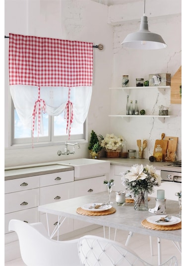 Naturel Potlu Ekose Tül Perde Retro Kırmızı