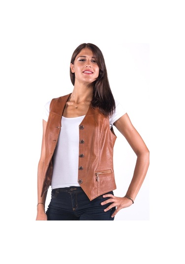 Dericlub Vittoria Kadın Düğmeli Slim Fit Hakiki Deri Yelek Viski Viski Kahverengi