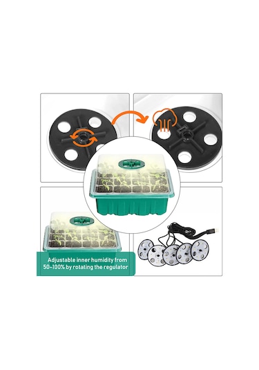 Xindoker 12 Hücreli Işıklı Fide Yetiştirme Seti 5 Adet - Isı Ve Nem Regülasyonlu, Su Drenajlı, Transparan Kapaklı Bahçe Fide Tepsisi Yeşil