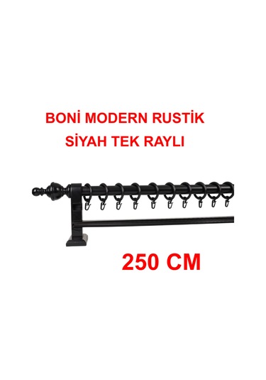 Boni Modern Rustik Ahşap Rustik Perde Askısı Tek Raylı-siyah 250 Cm Siyah