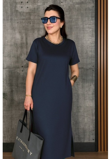 Kadın Kısa Kollu Bisiklet Yaka Yırtmaçlı Viskon Iki Iplik Elbise Lacivert