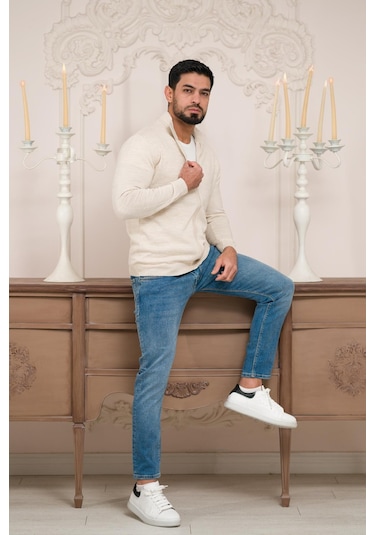 Woolen World Regular Fit Dik Yaka İnce Baharlık Triko Hırka Krem