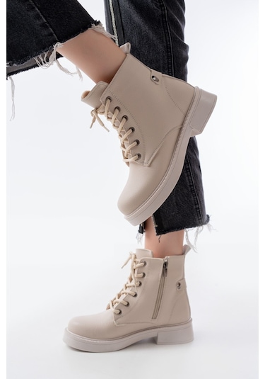 02-2003 Bej Galata Bağcıklı Fermuarlı Günlük Kadın Bot Bej