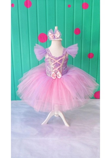 Rapunzel Kabartmalı Tüllü Kısa Kostüm Elbise - Taçlı, 9-10 Yaş