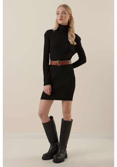 15797 Balıkçı Yaka Triko Elbise - Siyah 001