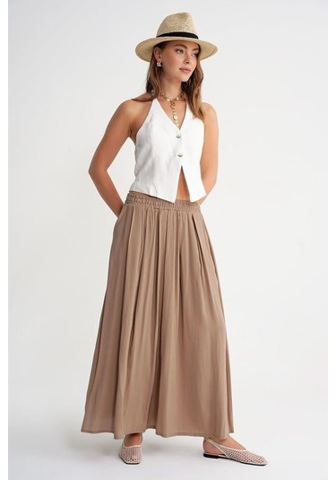 4612 Kadın Yandan Cepli Pileli Bol Etek Toprak Toprak