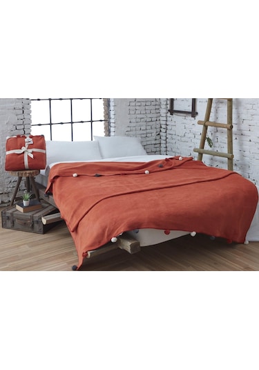 Aksu Tek Kişilik Ponponlu Pike Battaniye 150x200 Kiremit