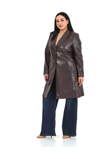 Büyük Beden Cepli Düğme Kapamalı Astarlı Suni Deri Koyu Kahverengi Kaban Koyu Kahverengi