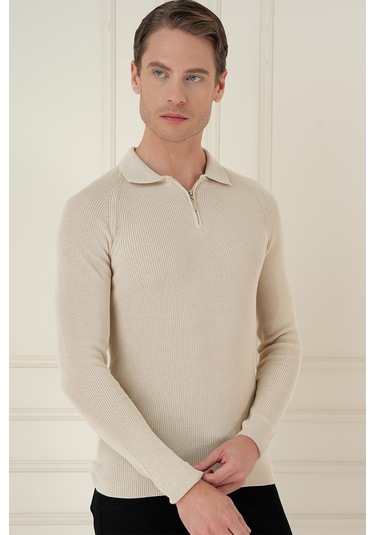 Tr 878 Triko Slim Fit Bej Basic Bej