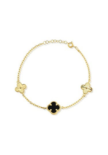 14k Altın Kaplamalı 925 Ayar Gümüş Granada Saray Yoncaları Bileklik - Siyah Oniks 45103302 Altın