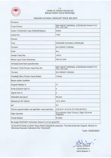 Fruto Saf Deniz Yosunu-amino Asit-fulvik Asit İçerikli Sıvı Gübre