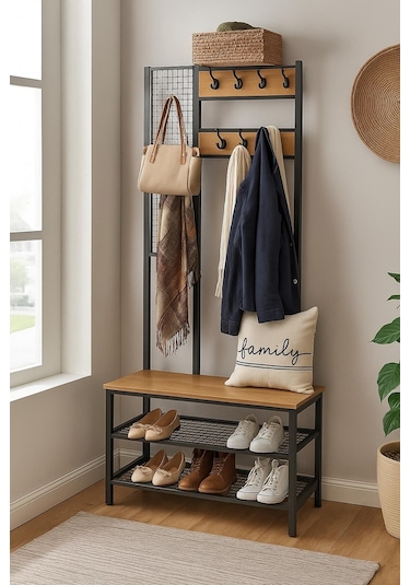 Metal Portmanto, Elbise Askılığı, Vestiyer, Ayakkabılık, Siyah, Tel Askılık Siyah