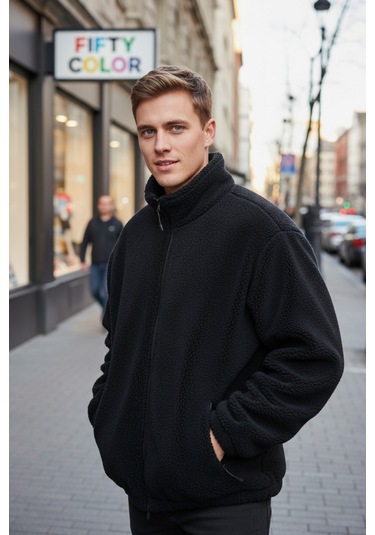 Siyah Premium Kalite Dik Yaka, Fermuarlı, Polarlı, Peluş Ceket Siyah