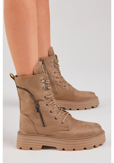 Poli Taban Fermuar Detaylı Rahat Kalıp Bağcıklı Kadın Vizon Süet Bot Tber200 Vizon Süet