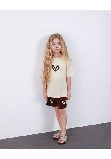 Miniko Kids Kız Çocuk Kalp Modelli Pamul Şortlu Takım Ekru