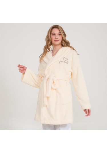 Welsoft Kapüşonlu Peluş Kadın Sabahlık Ekru