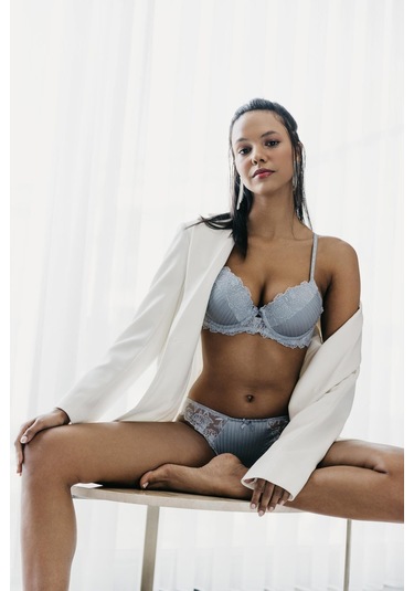 Paris Gri Mavi Balenli Dantelli Dolgulu Push-up Sütyen Mavi