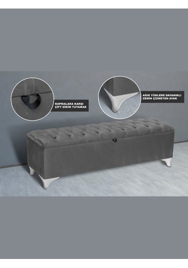 Vetra Sandıklı Bench Puf, Beyaz Gri