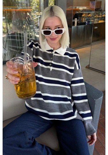 Madmext Antrasit Çizgili Düğmeli Polo Yaka Kadın Triko Kazak Mg2280 Antrasit