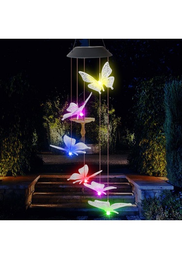 Dofolink Güneş Enerjili Renk Değiştiren Kelebek Zil Lambası - Bahçe Ve Avlu Dekorasyonu, Led Işık, Güneş Paneli İle Çalışır