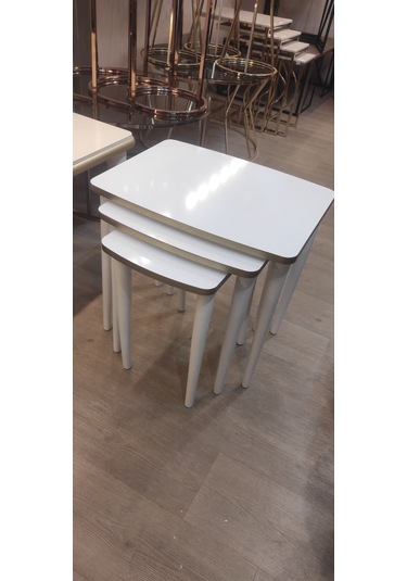 3 Lü Mdf Lam Zigon Sehpa Takımı , Ahşap Zigon Sehpa Beyaz - Altın