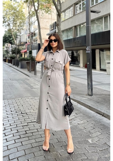 Gri/taş Kısa Kol, Gömlek Yaka, Düz Desen, Çift Cepli, Aerobin Kumaş, Kuşaklı Maxi Elbise Gri